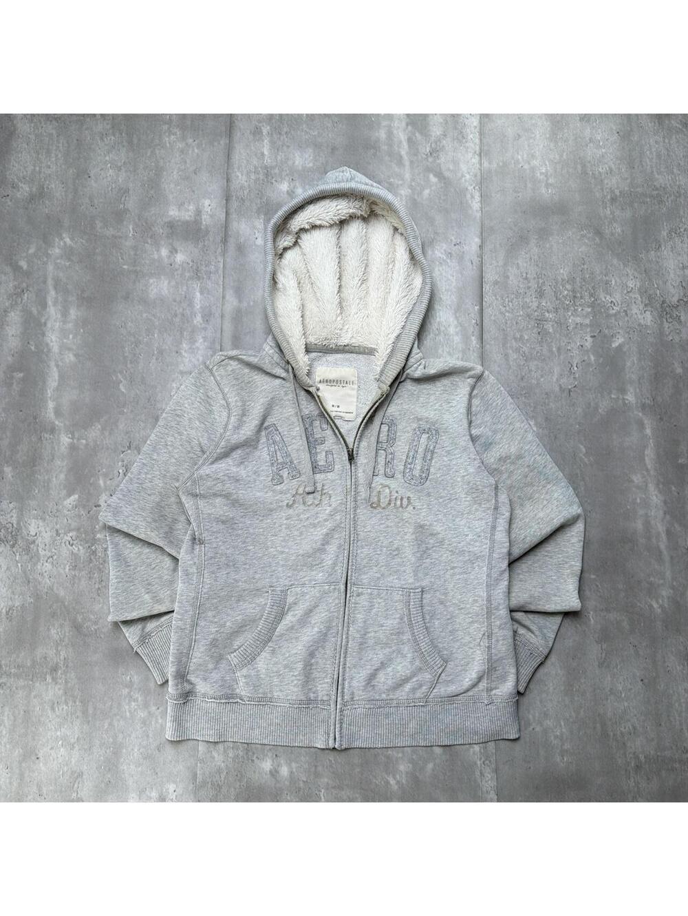 Y2K Gray Aeropostale Grunge Skater Sherpa Zip Up Hoodie